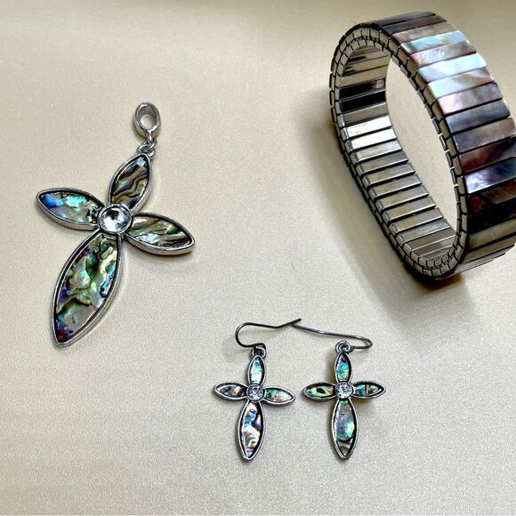 Abalone Jewelry 3 piece Lot l Cross Pendant l Cross Earrings l Stretch Bracelet - Picture 1 of 9